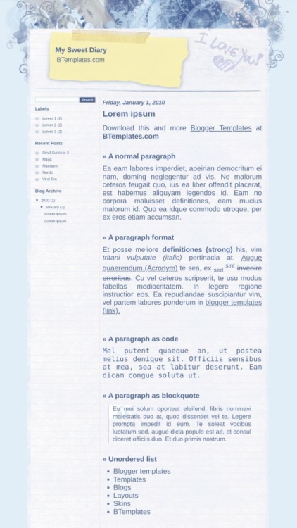 My Sweet Diary Blogger Template - BTemplates